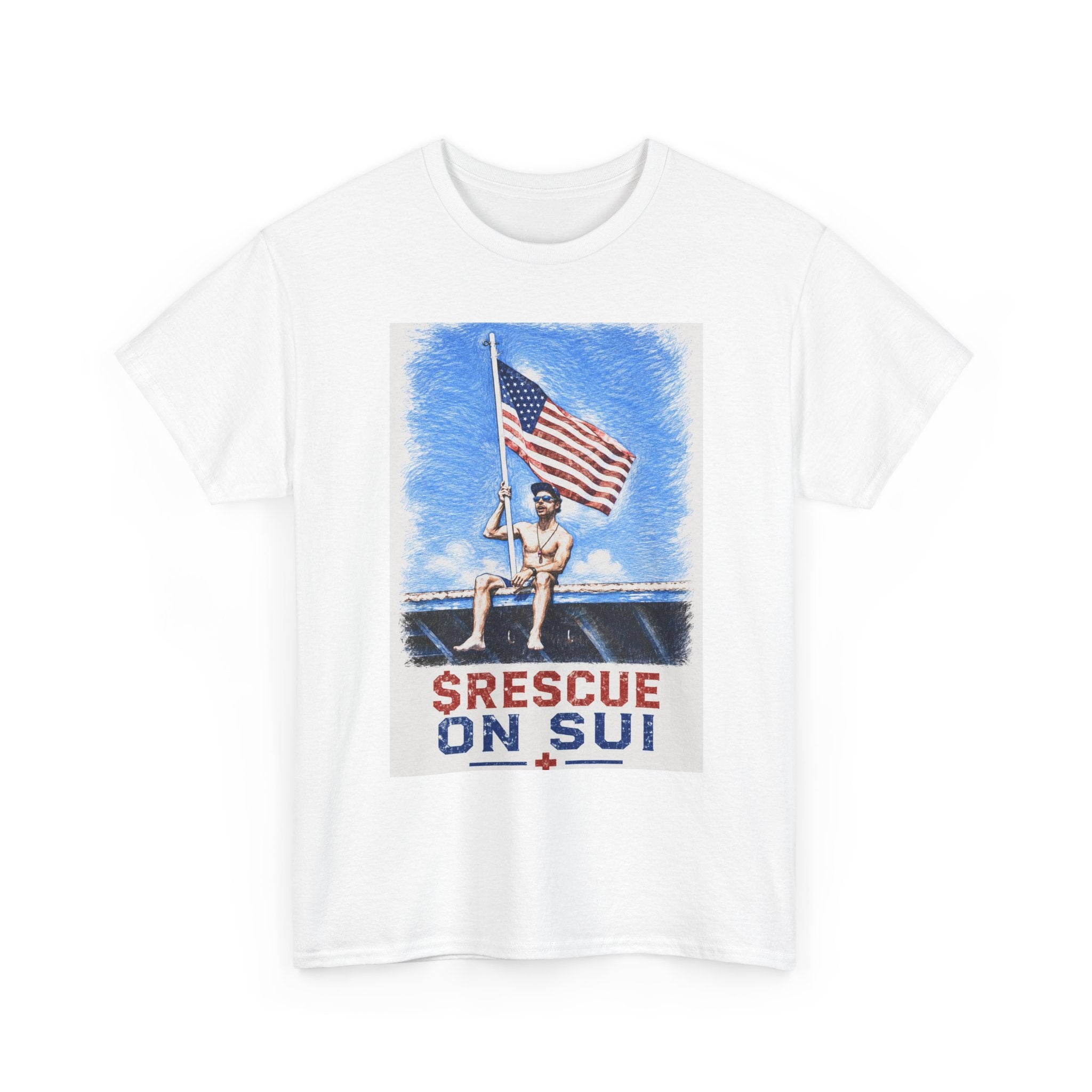 Rescue On Sui T-Shirt — Vintage American Flag Lifeguard Poster Tee